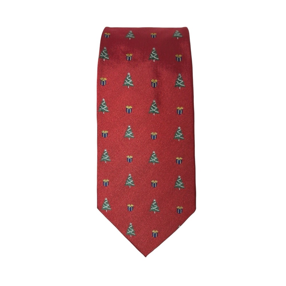 Paul Fredrick Hand Tailored Tie Red Christmas Tree Italian Silk Made in USA - Picture 1 of 6